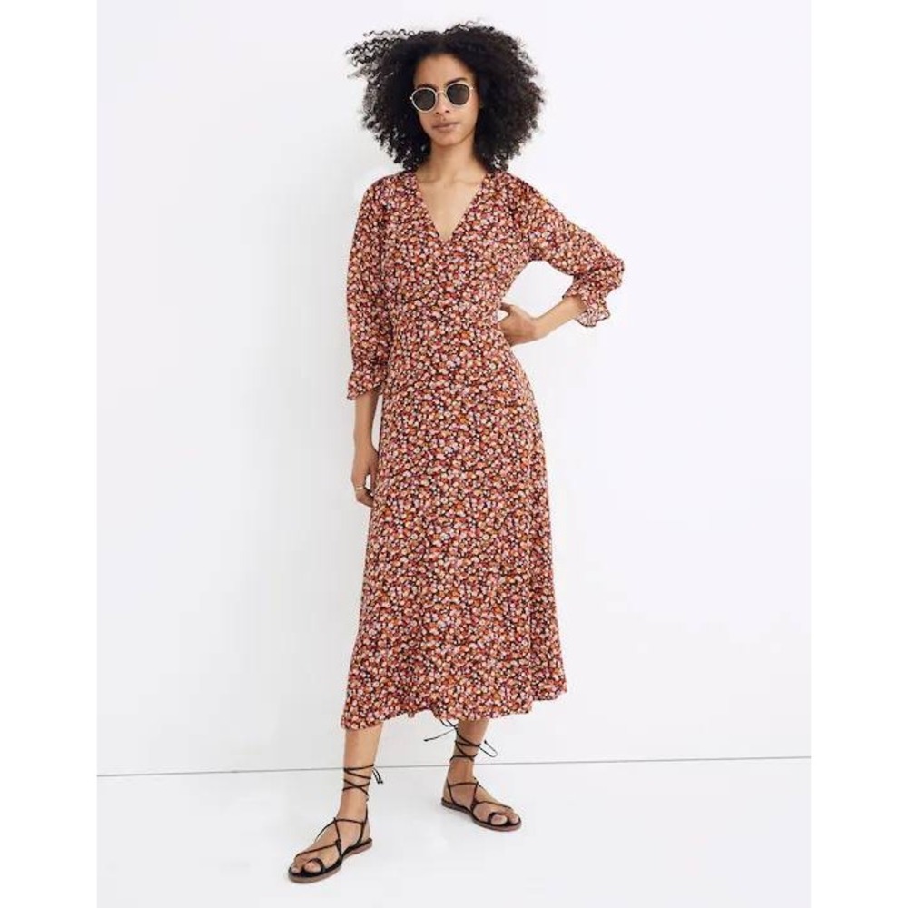 Madewell Long Sleeve Crossover Midi Dress 12 Floral Clip Dot Spring Prairie Boho